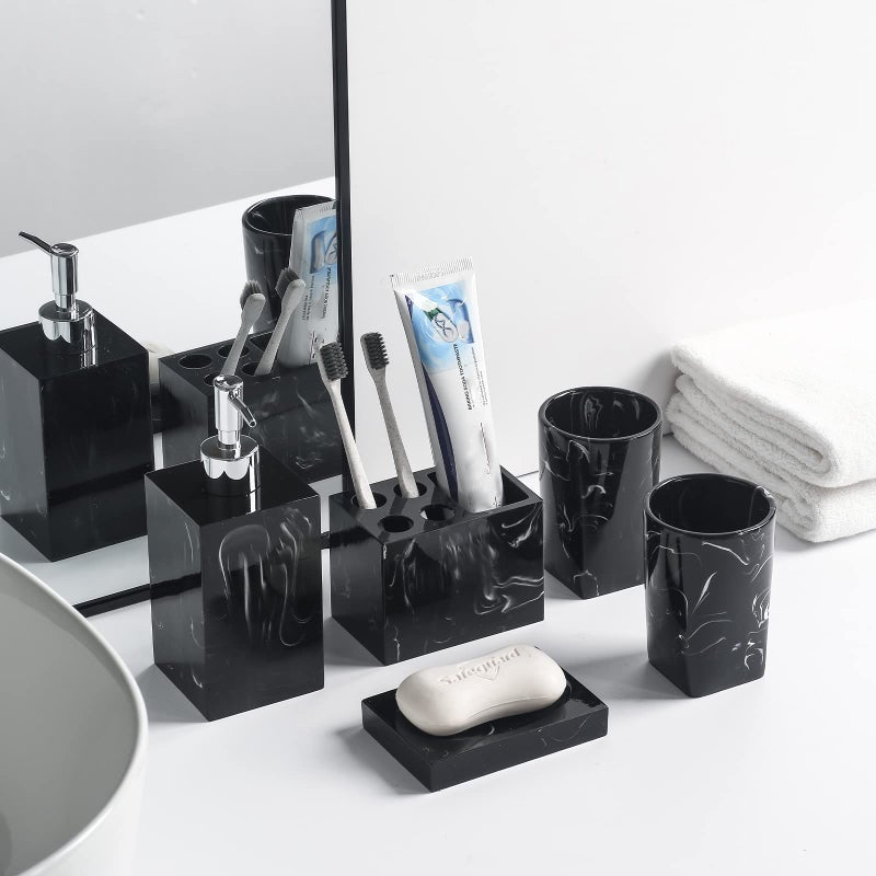 Jung Ford 5-Piece Bathroom Counter Top Accessory Set - Dispenser for Liquid Soap or Lotion, Soap Dish, Toothbrush Holder and 2 Tumblers, Marble Pattern Resin (Ink Black) - Image 3